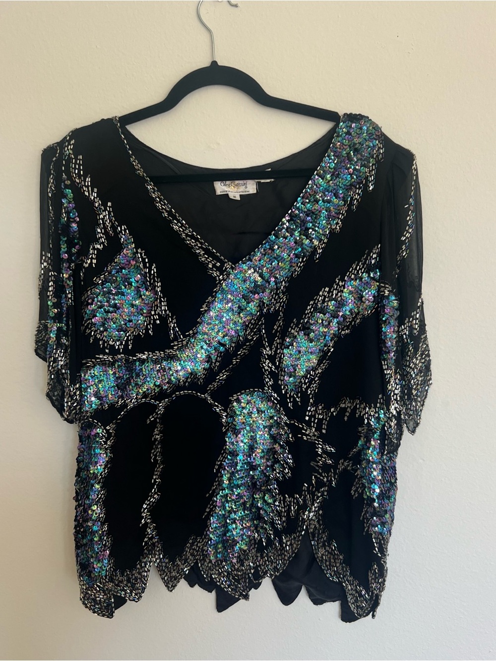 vintage Oleg Cassini Black V-Neck Sequin Embellished Short Sleeve Top